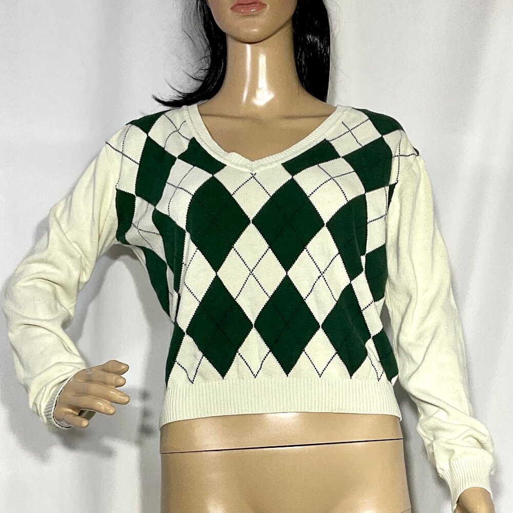 John Galt Argyle V-Neck Crop Sweater 100% Cotton Y2K